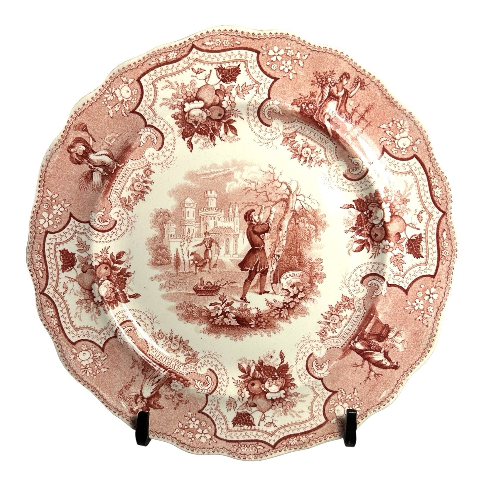 Antique William Adams & Sons Red Transferware Plate  in Seasons Pattern