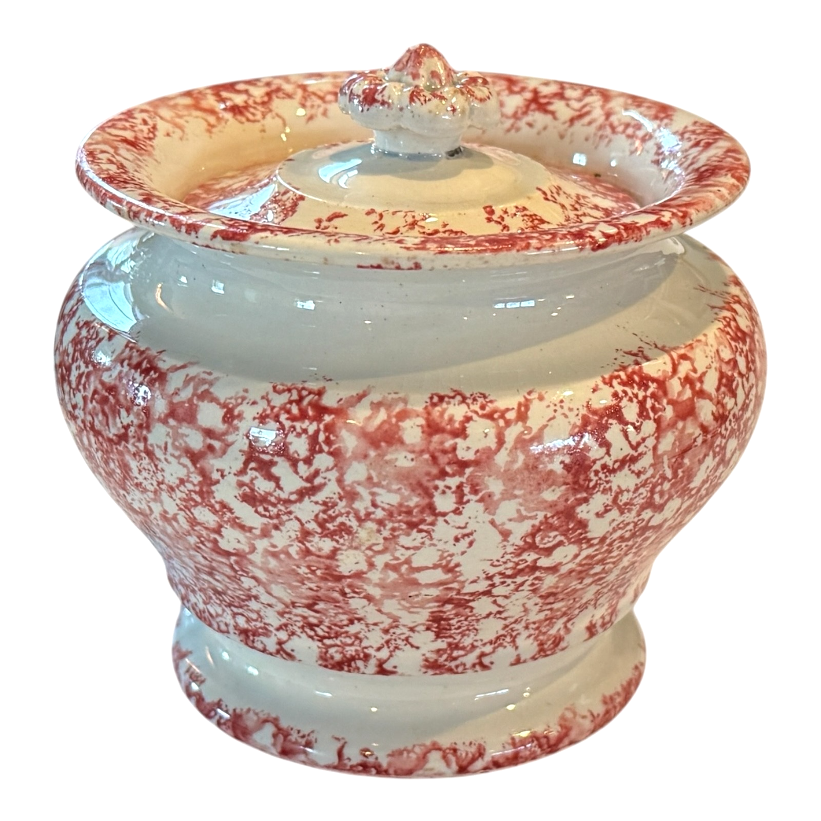 Antique Staffordshire Red Spatterware Spongeware Lidded Sugar Bowl