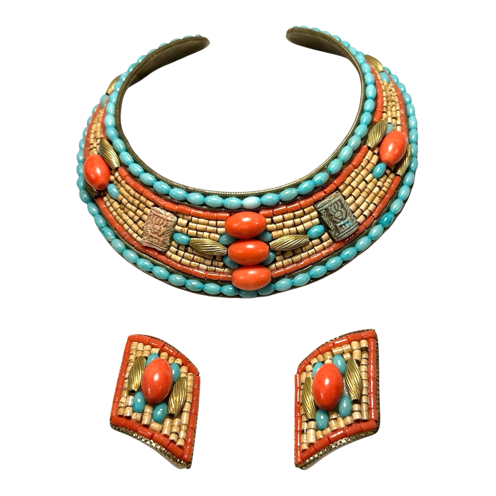 Vintage Egyptian Revival Turquoise Coral Collar Necklace & Earrings - MJ Hansen