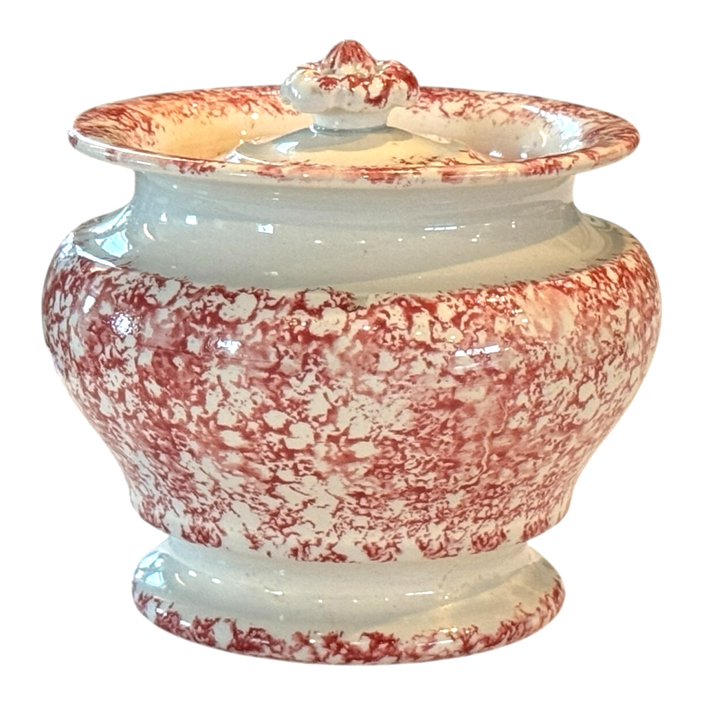 Antique Staffordshire Red Spatterware Spongeware Lidded Sugar Bowl