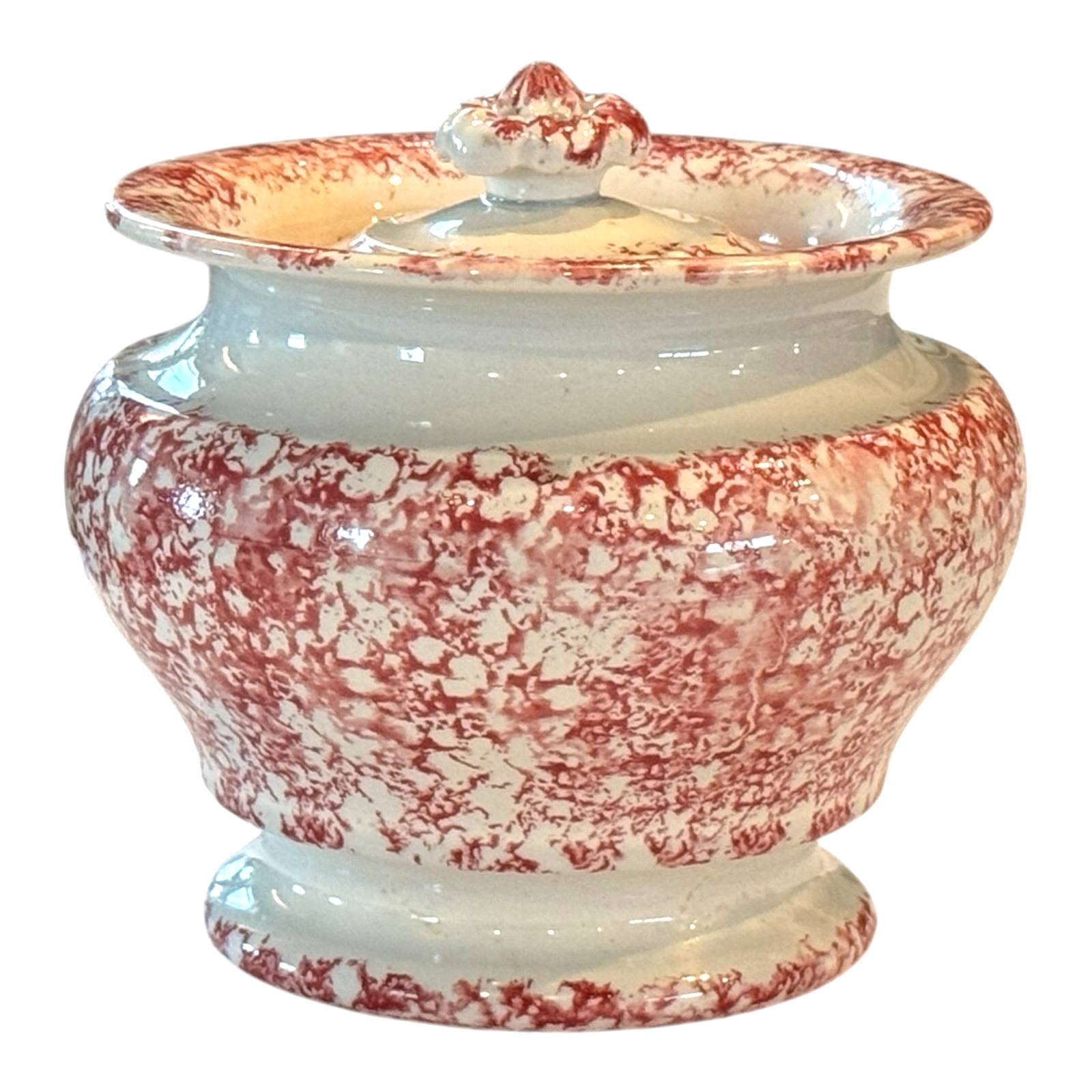 Antique Staffordshire Red Spatterware Spongeware Lidded Sugar Bowl