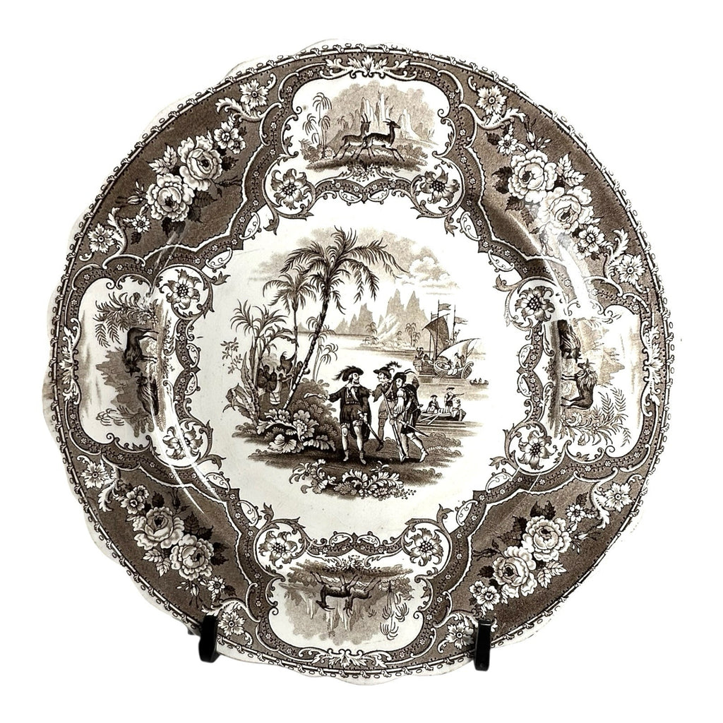 Antique William Adams & Sons Black Transferware Plate in Columbus Pattern