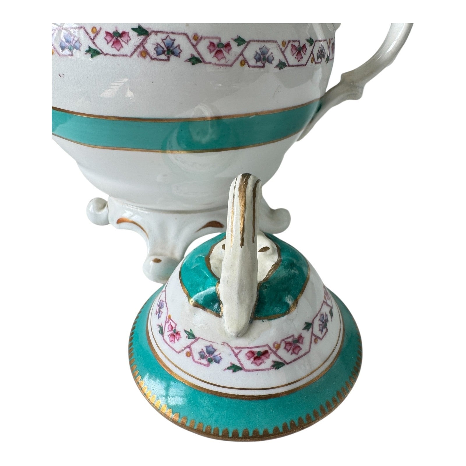 Antique Victorian Porcelain Covered Sugar Bowl - Double Handled Turquoise & Gold