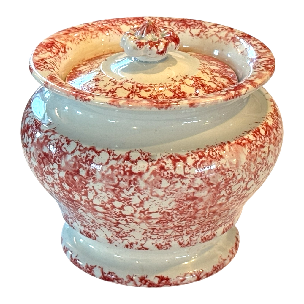 Antique Staffordshire Red Spatterware Spongeware Lidded Sugar Bowl
