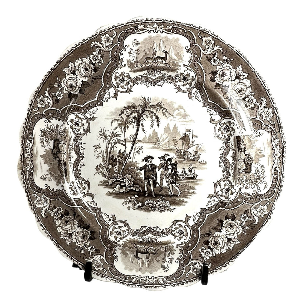 Antique William Adams & Sons Black Transferware Plate in Columbus Pattern