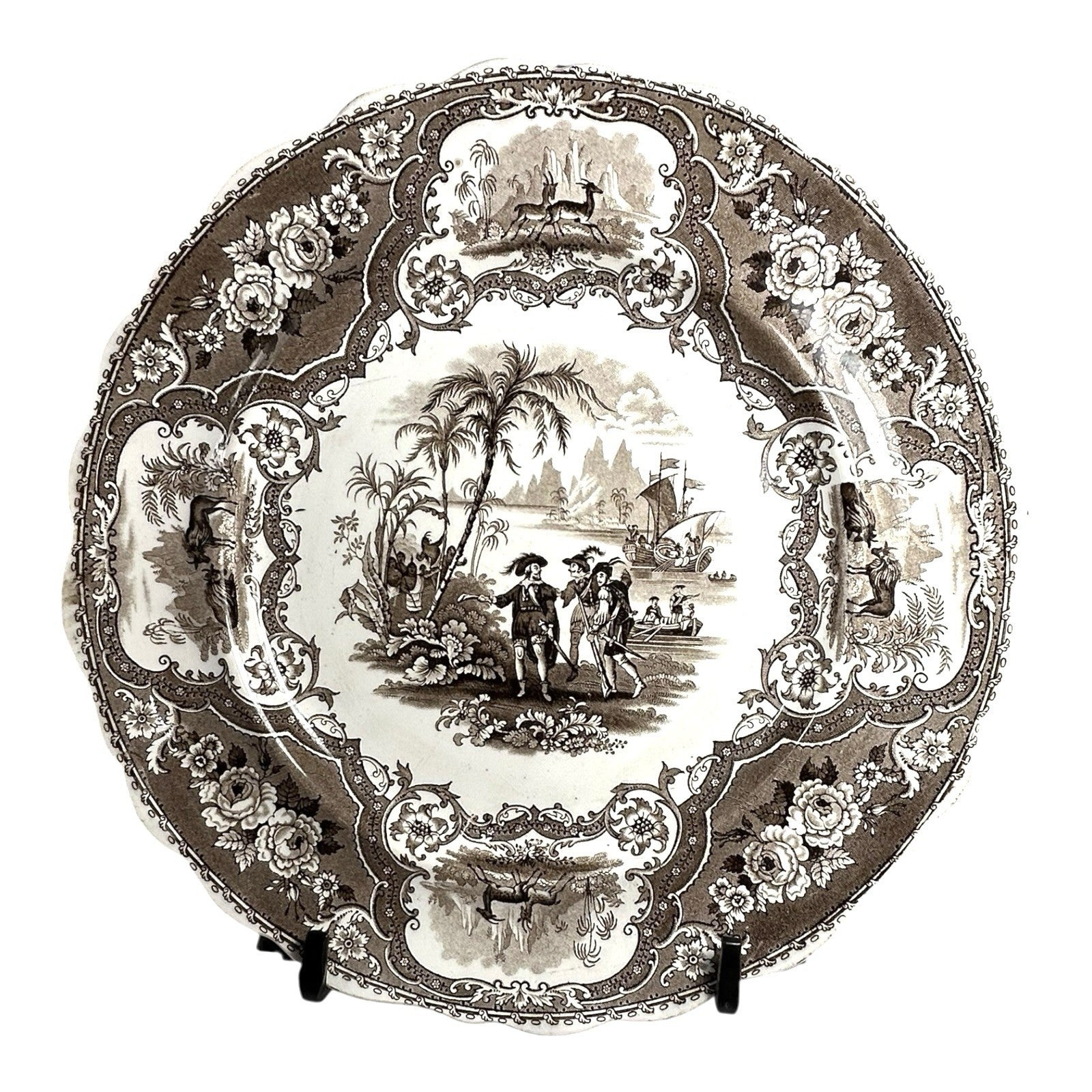 Antique William Adams & Sons Black Transferware Plate in Columbus Pattern