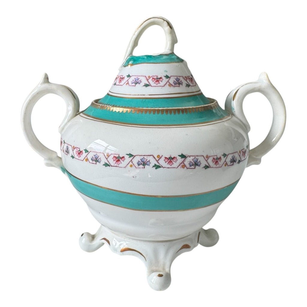 Antique Victorian Porcelain Covered Sugar Bowl - Double Handled Turquoise & Gold