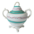 Antique Victorian Porcelain Covered Sugar Bowl - Double Handled Turquoise & Gold