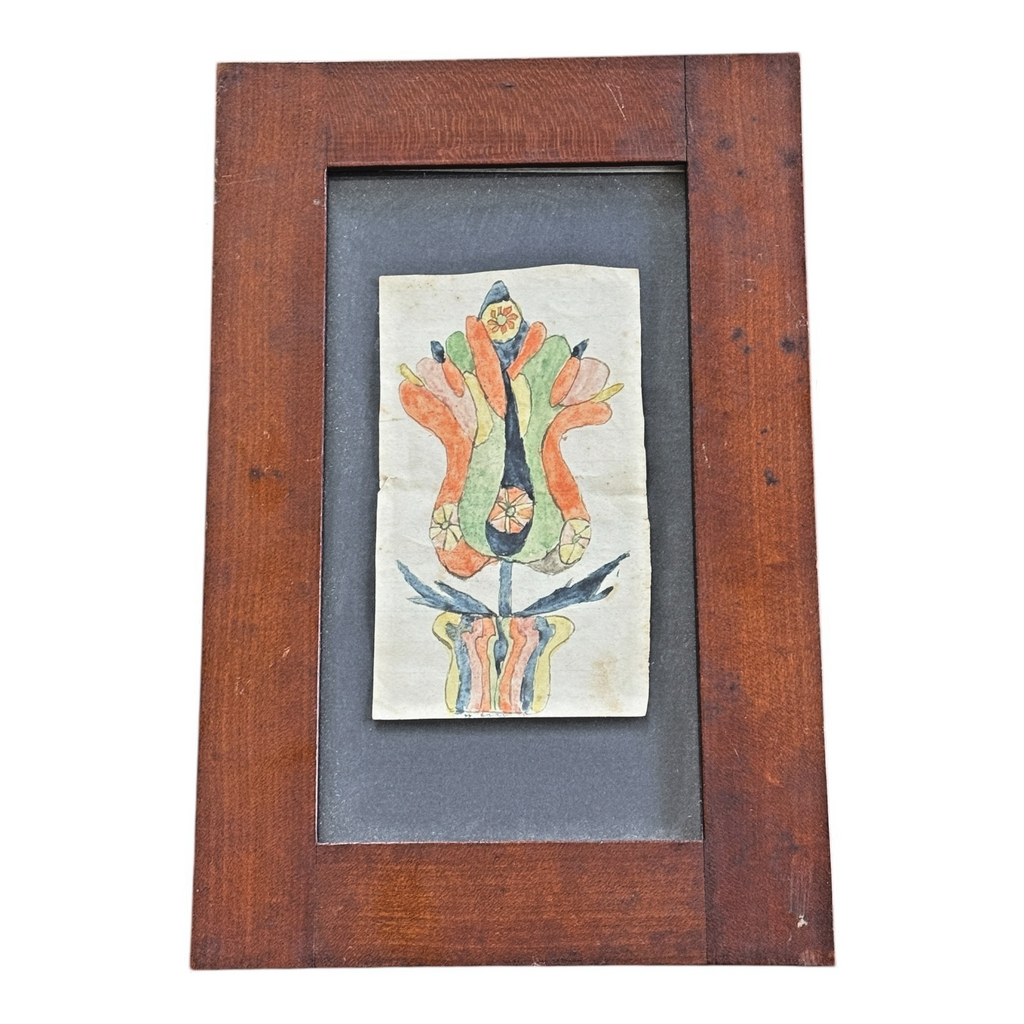 Antique Pennsylvania Folk Art Watercolor Fraktur Drawing, Tulip Flower - Framed