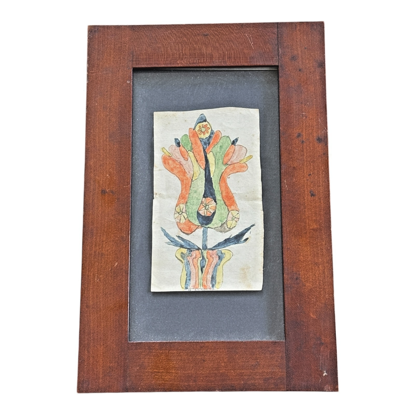 Antique Pennsylvania Folk Art Watercolor Fraktur Drawing, Tulip Flower - Framed