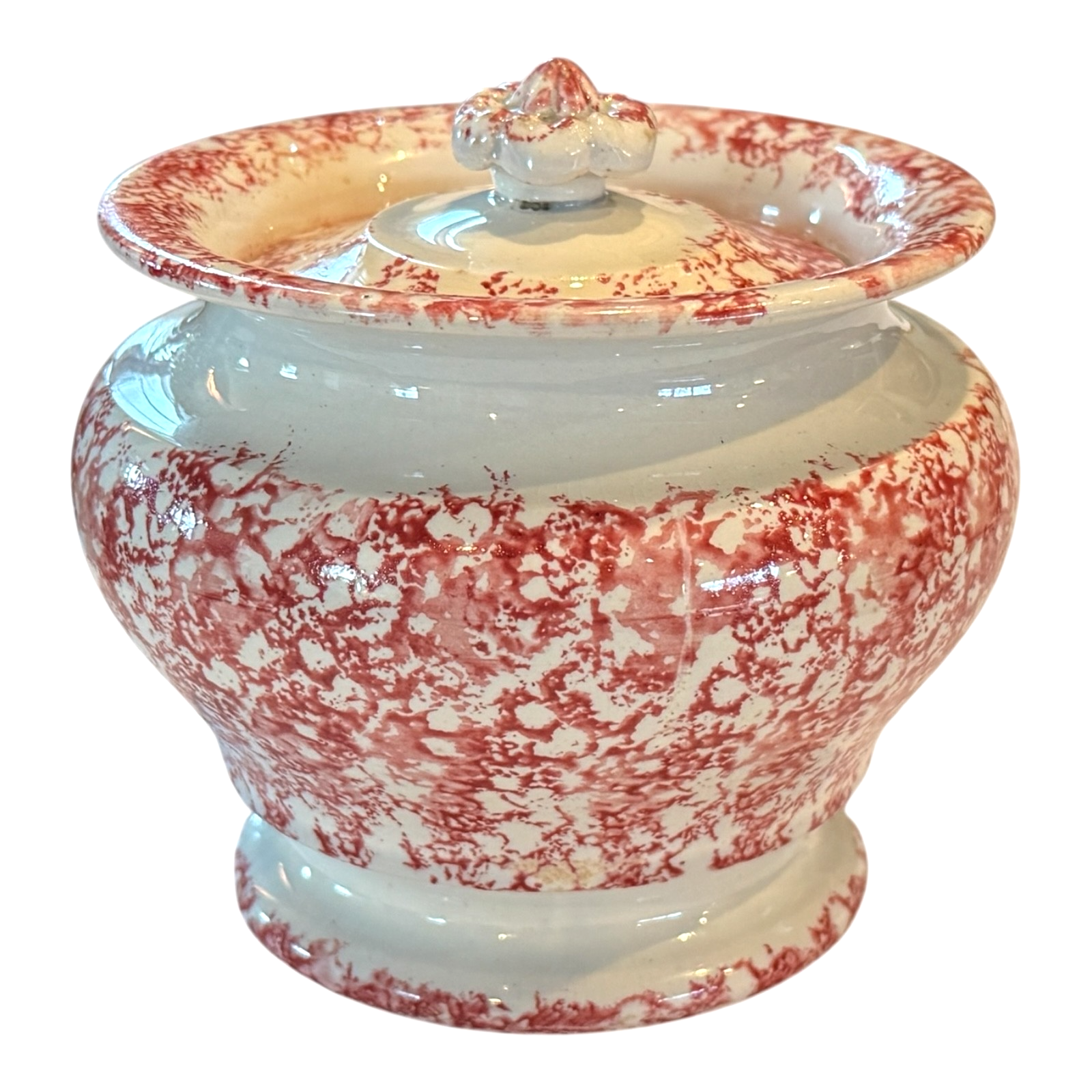 Antique Staffordshire Red Spatterware Spongeware Lidded Sugar Bowl