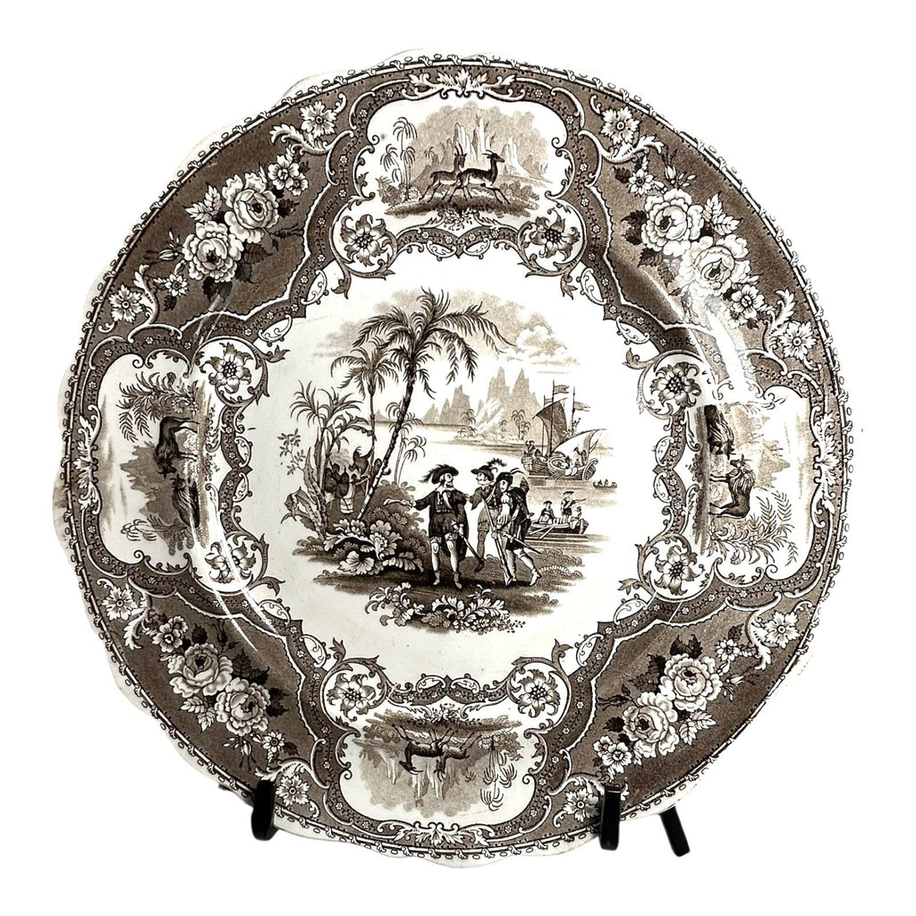 Antique William Adams & Sons Black Transferware Plate in Columbus Pattern