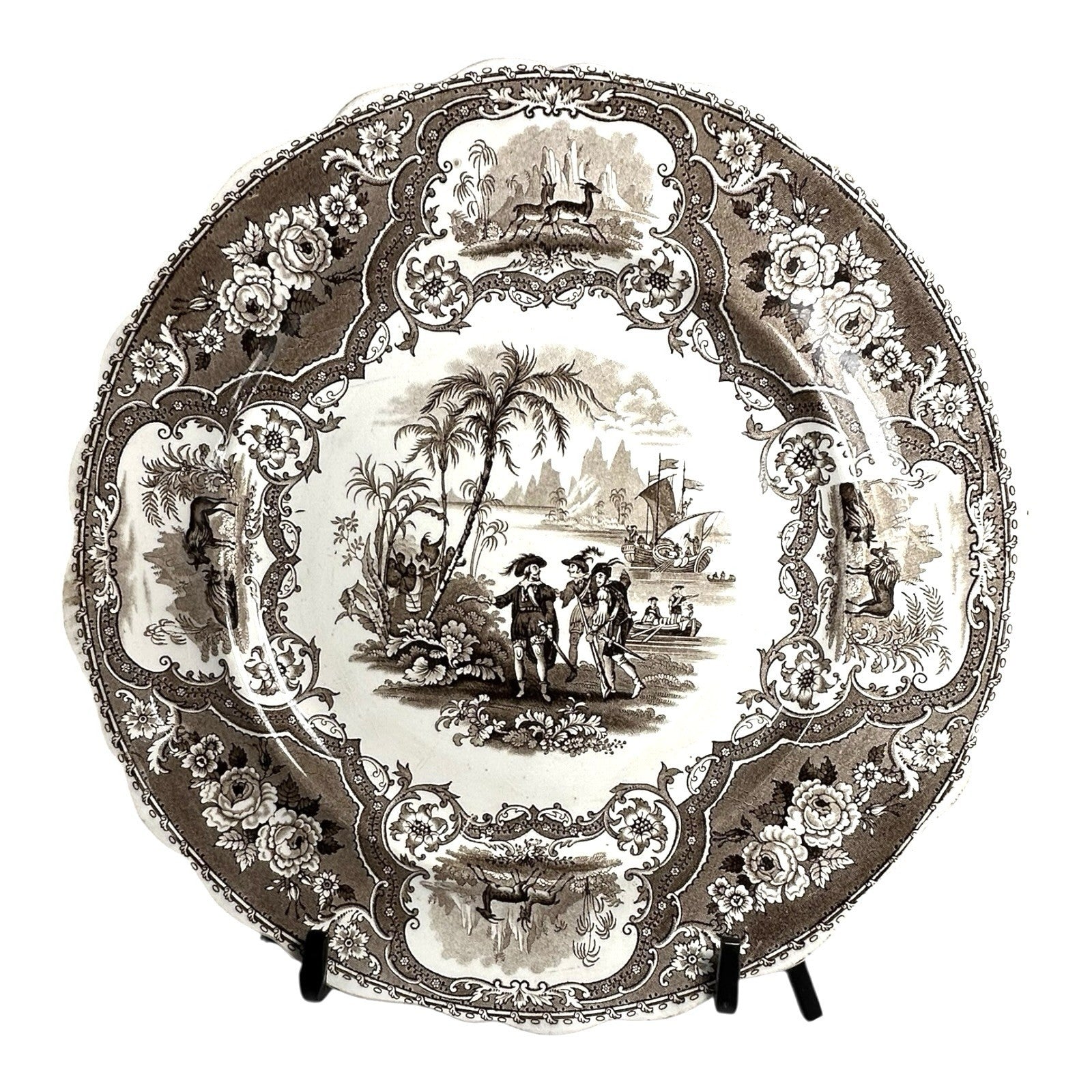 Antique William Adams & Sons Black Transferware Plate in Columbus Pattern