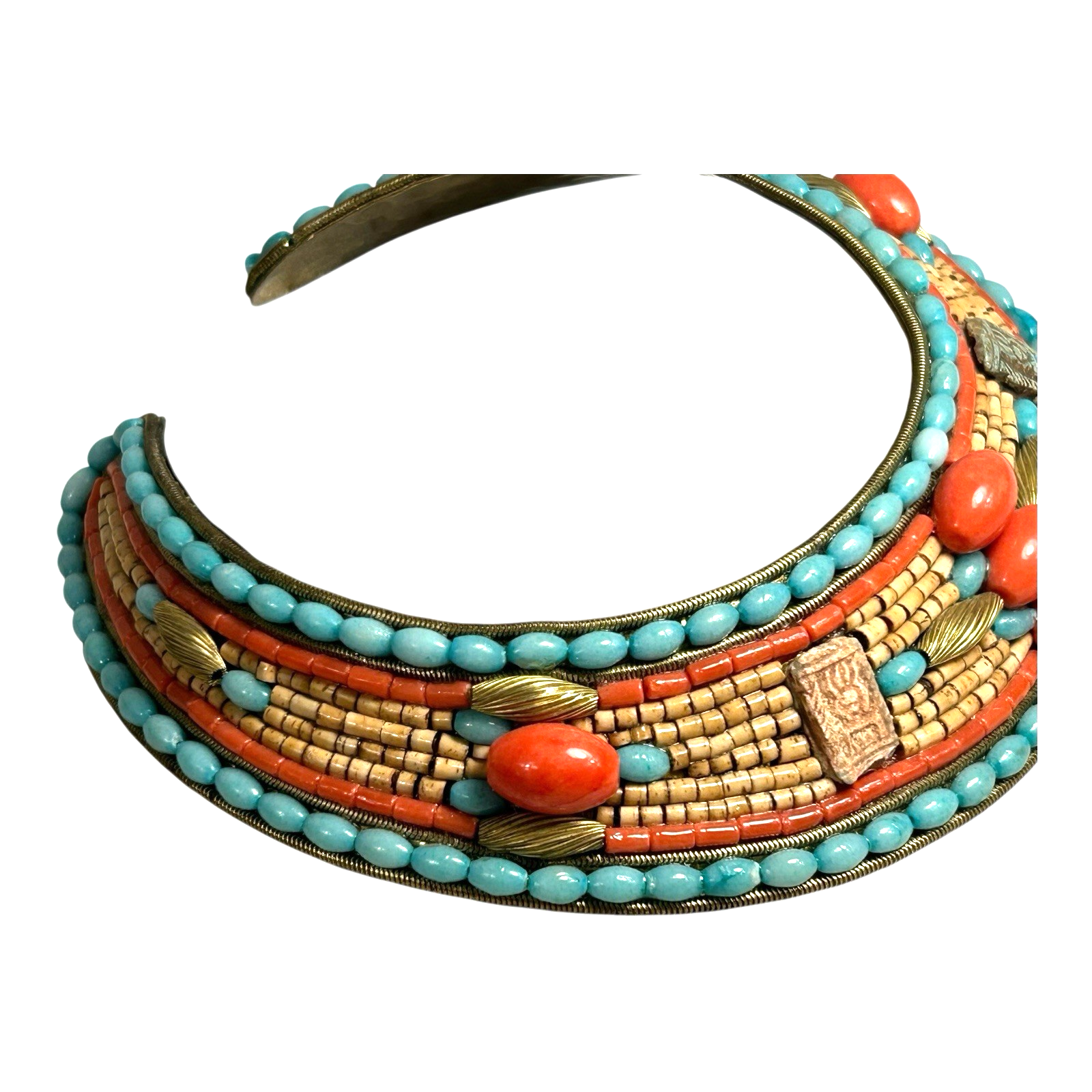 Vintage Egyptian Revival Turquoise Coral Collar Necklace & Earrings - MJ Hansen