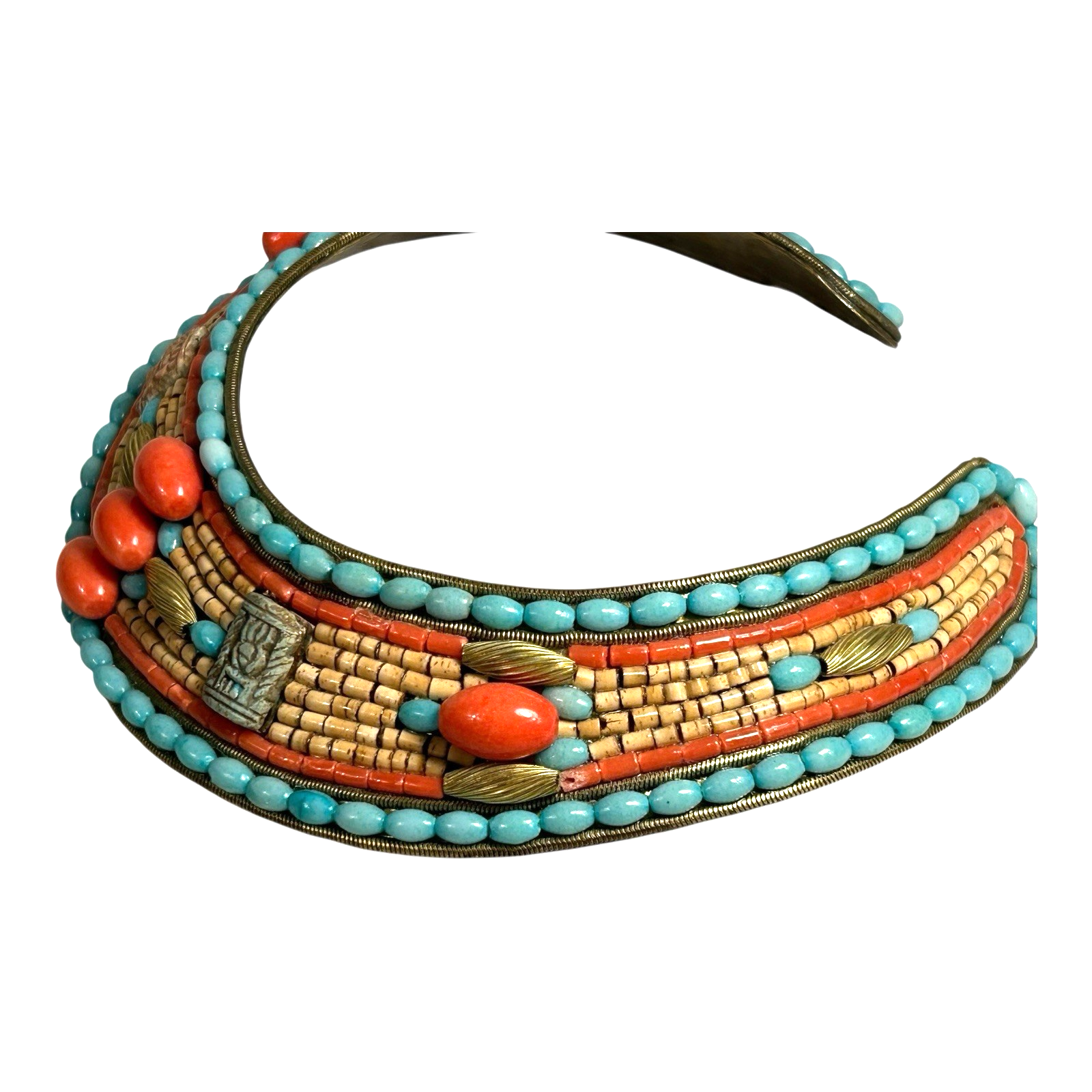 Vintage Egyptian Revival Turquoise Coral Collar Necklace & Earrings - MJ Hansen