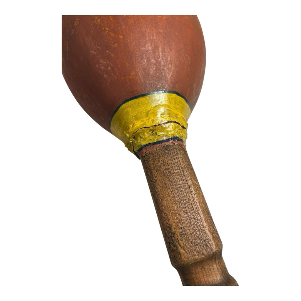 Vintage Native American Painted Gourd Rattle with Wood Handle & Feathers