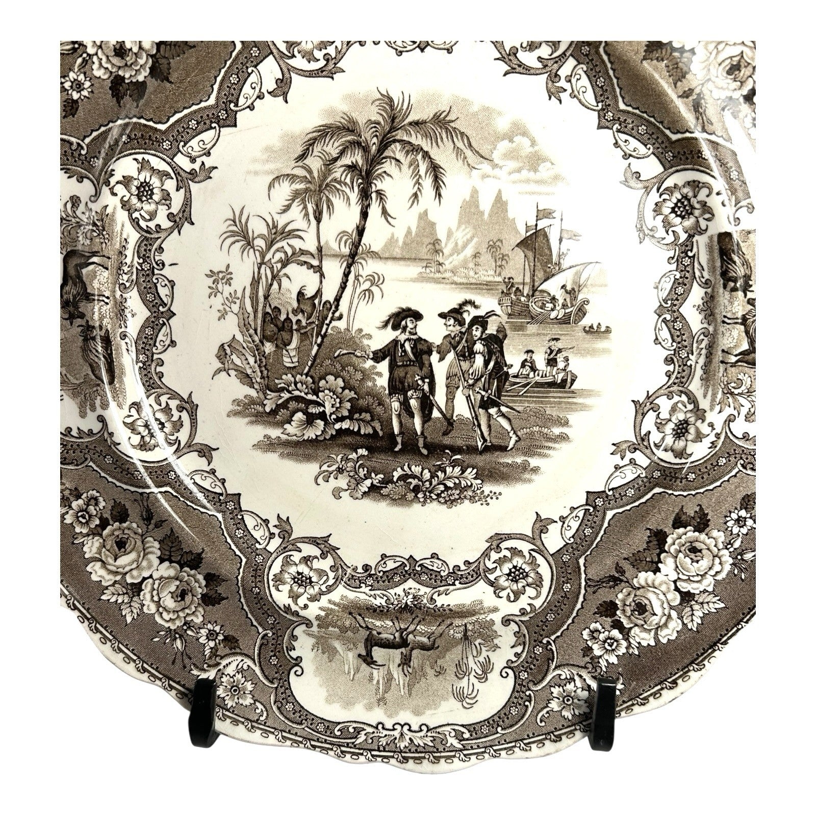 Antique William Adams & Sons Black Transferware Plate in Columbus Pattern