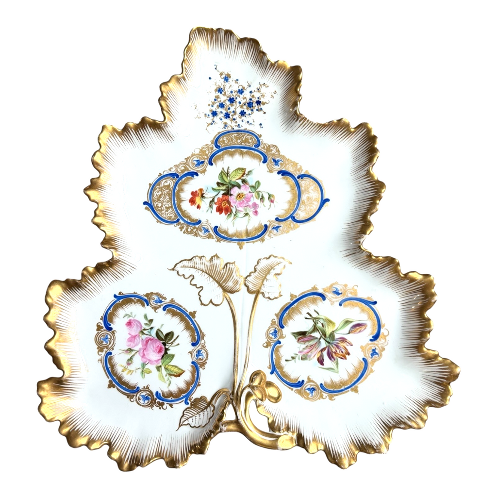 Antique Old Paris Porcelain Leaf Form Serving Dish - Floral Gold Gilt, 16"