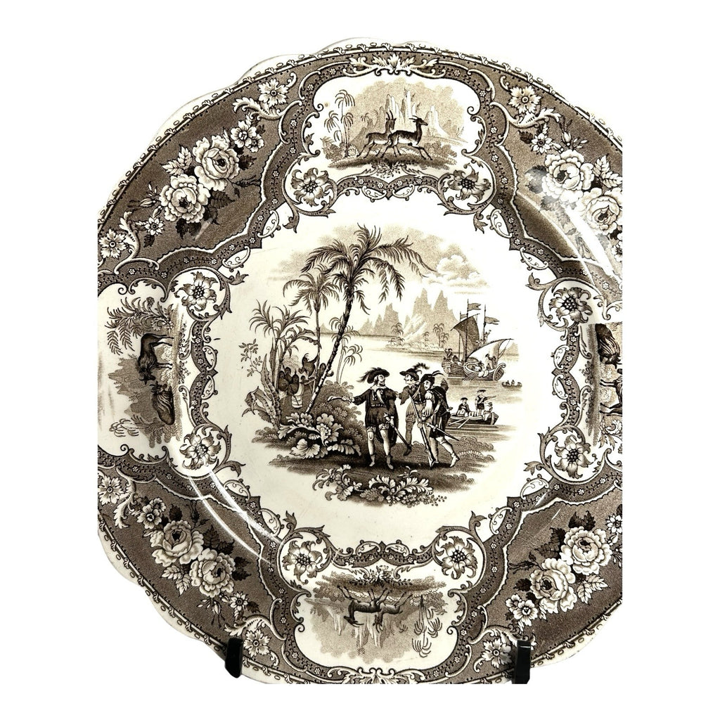 Antique William Adams & Sons Black Transferware Plate in Columbus Pattern
