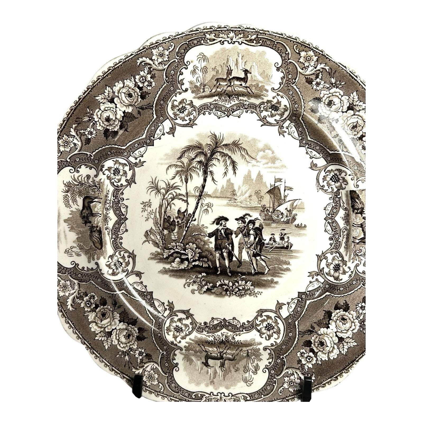 Antique William Adams & Sons Black Transferware Plate in Columbus Pattern