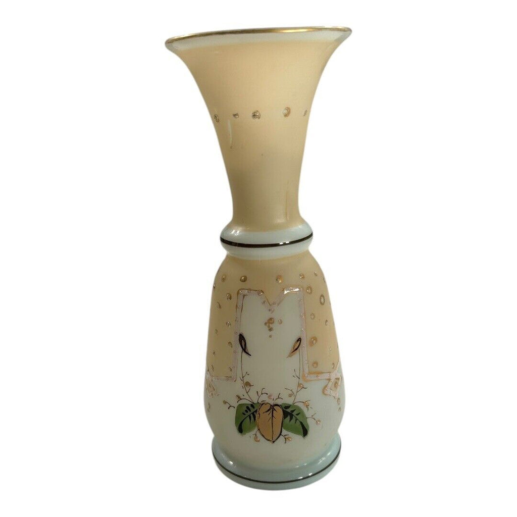 Antique Victorian Cream Opaline Floral Handblown Painted Glass Vase