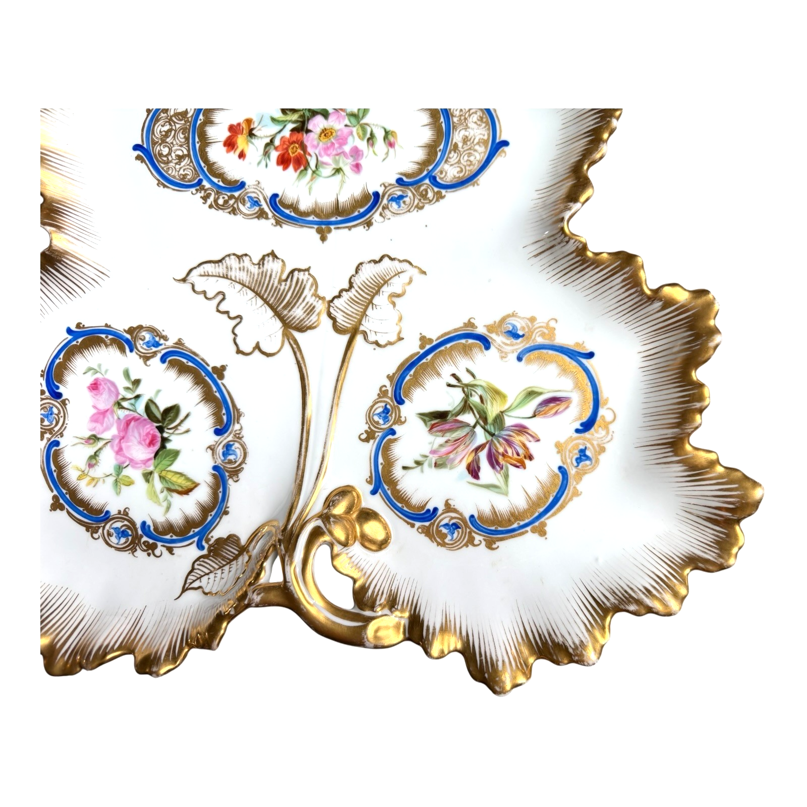 Antique Old Paris Porcelain Leaf Form Serving Dish - Floral Gold Gilt, 16"