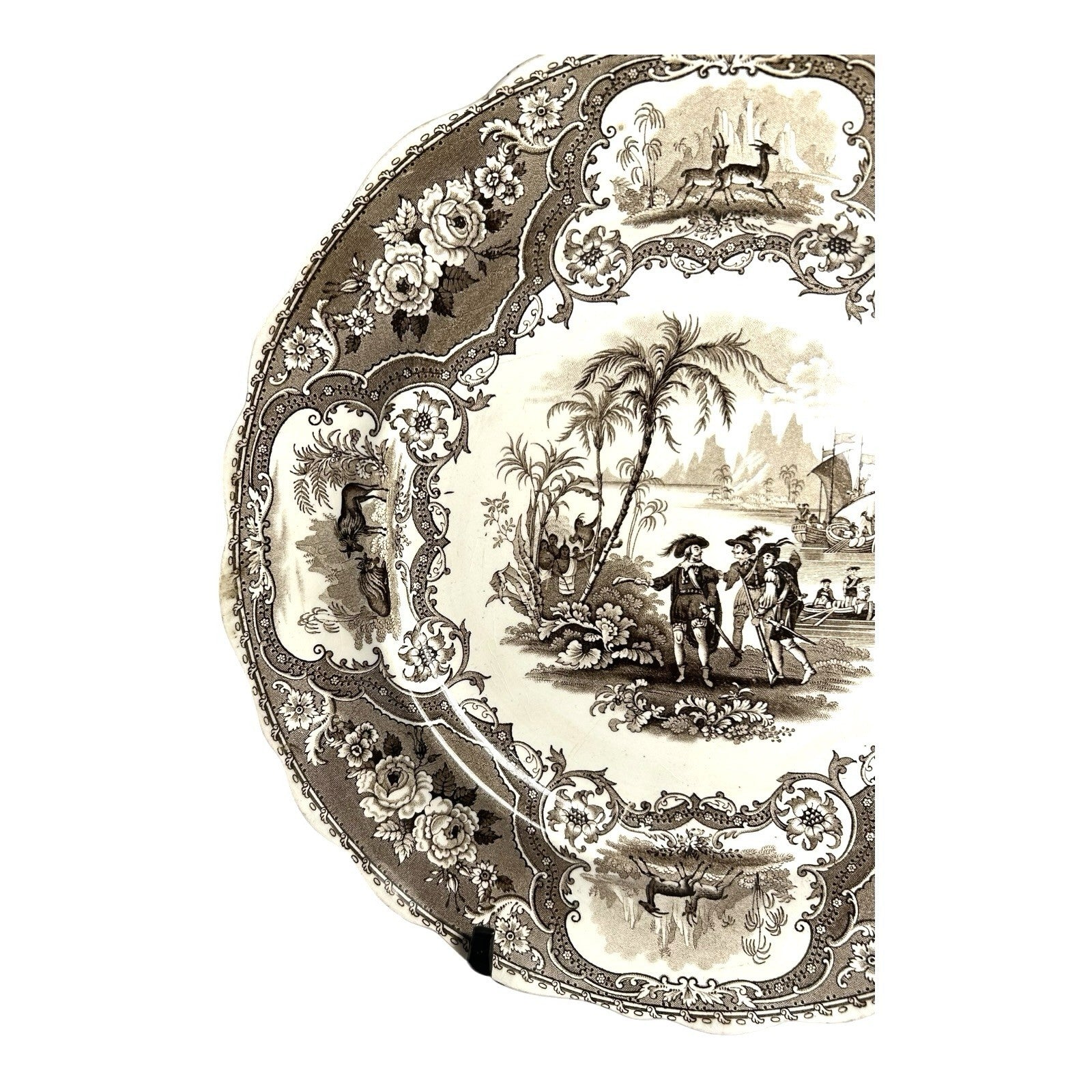 Antique William Adams & Sons Black Transferware Plate in Columbus Pattern