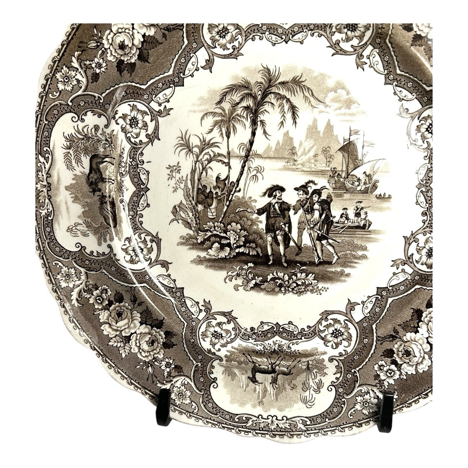 Antique William Adams & Sons Black Transferware Plate in Columbus Pattern