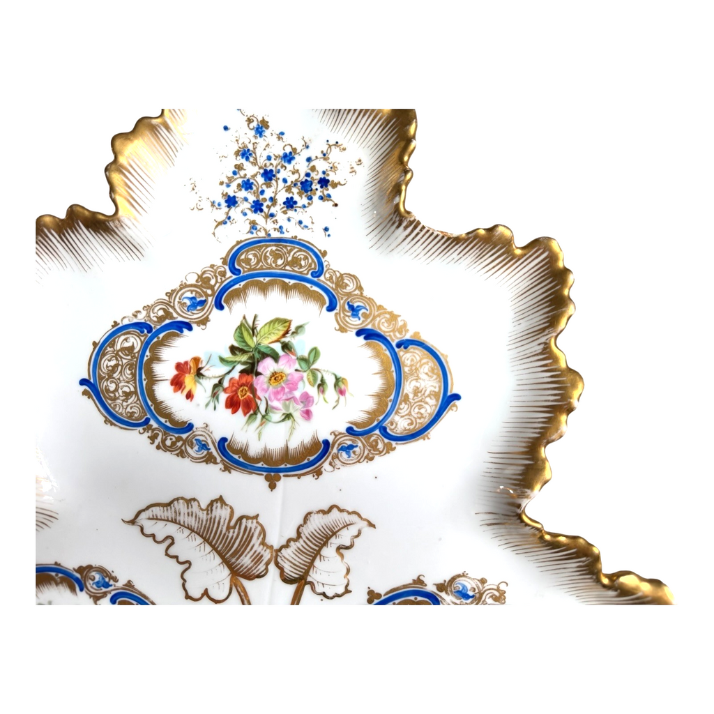 Antique Old Paris Porcelain Leaf Form Serving Dish - Floral Gold Gilt, 16"