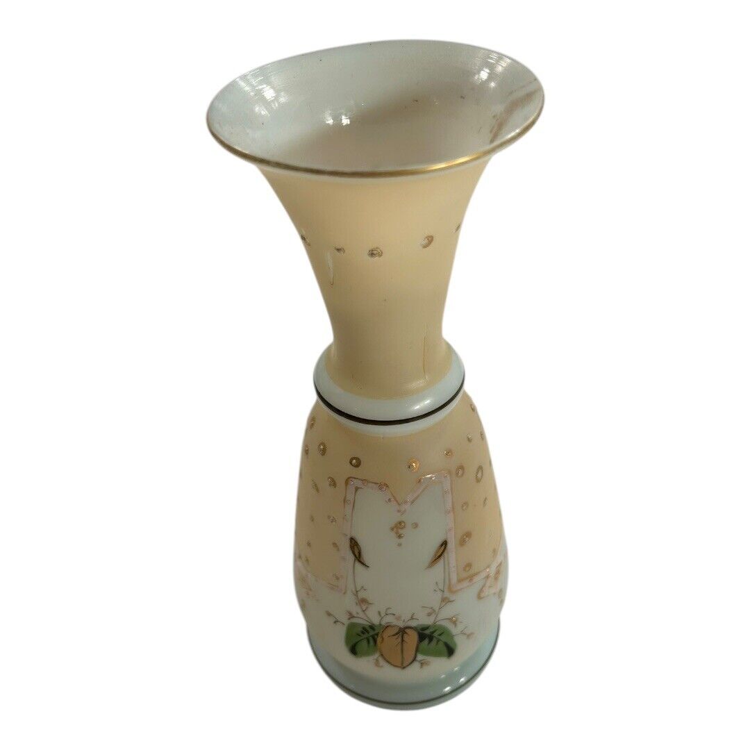Antique Victorian Cream Opaline Floral Handblown Painted Glass Vase
