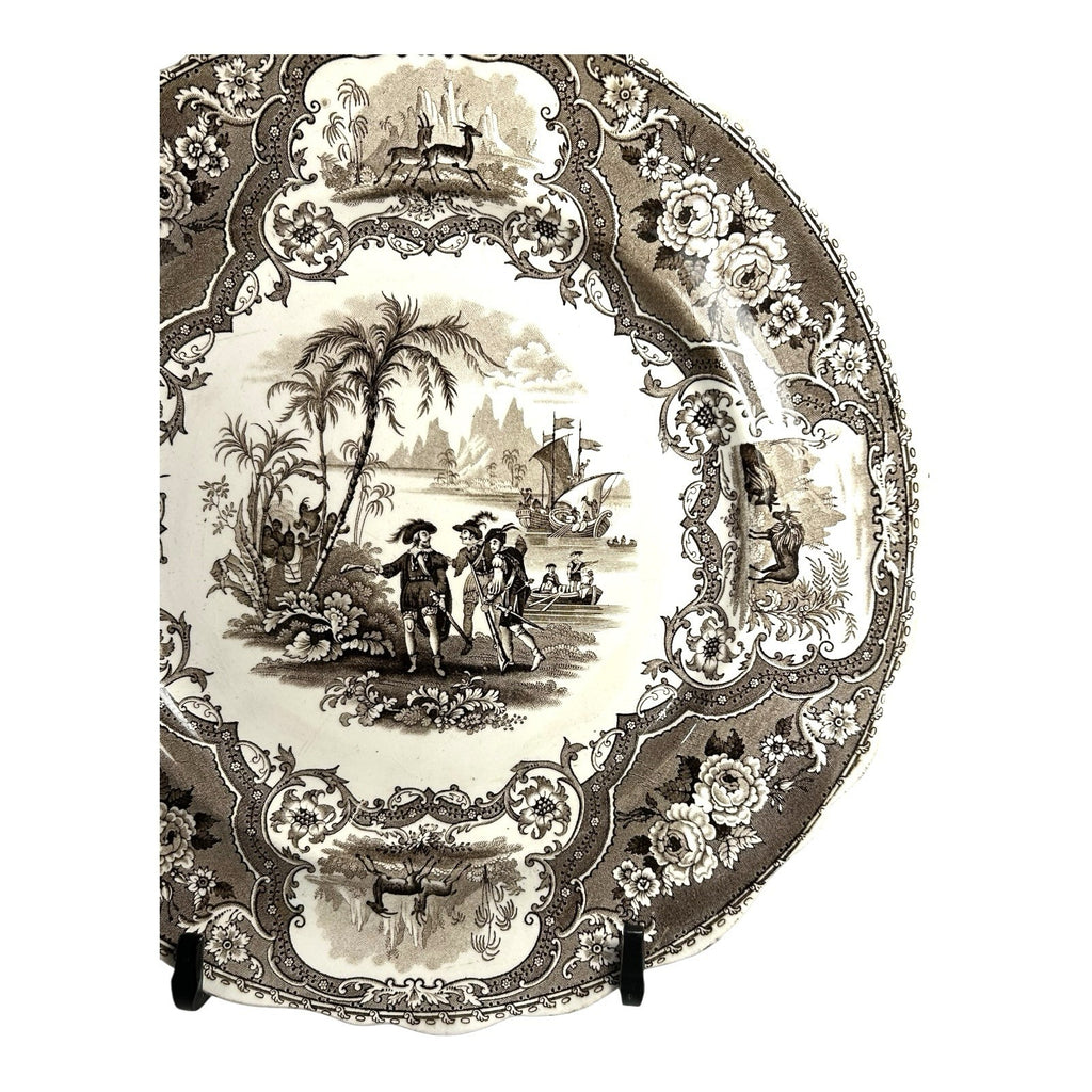 Antique William Adams & Sons Black Transferware Plate in Columbus Pattern