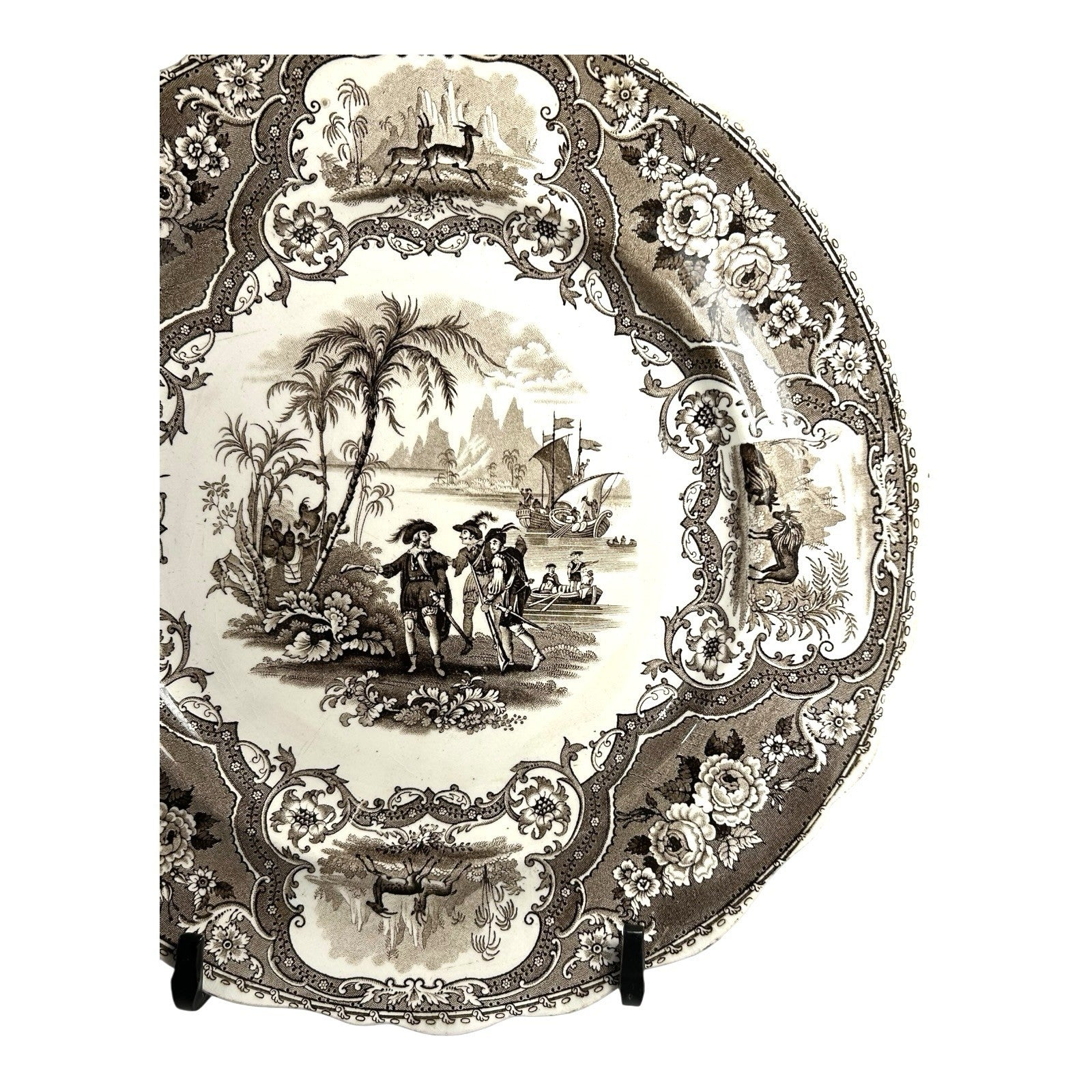 Antique William Adams & Sons Black Transferware Plate in Columbus Pattern