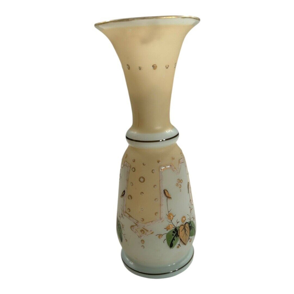 Antique Victorian Cream Opaline Floral Handblown Painted Glass Vase