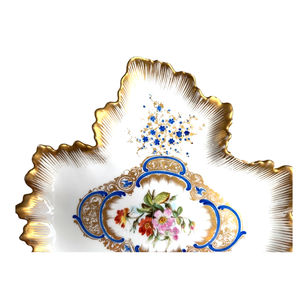 Antique Old Paris Porcelain Leaf Form Serving Dish - Floral Gold Gilt, 16"