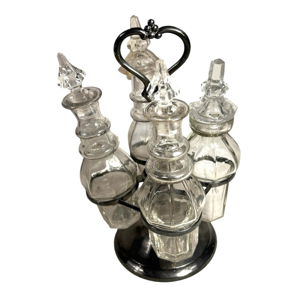 Antique Victorian Glass Cruet Set 4 Bottles Metal Stand - Original Stoppers