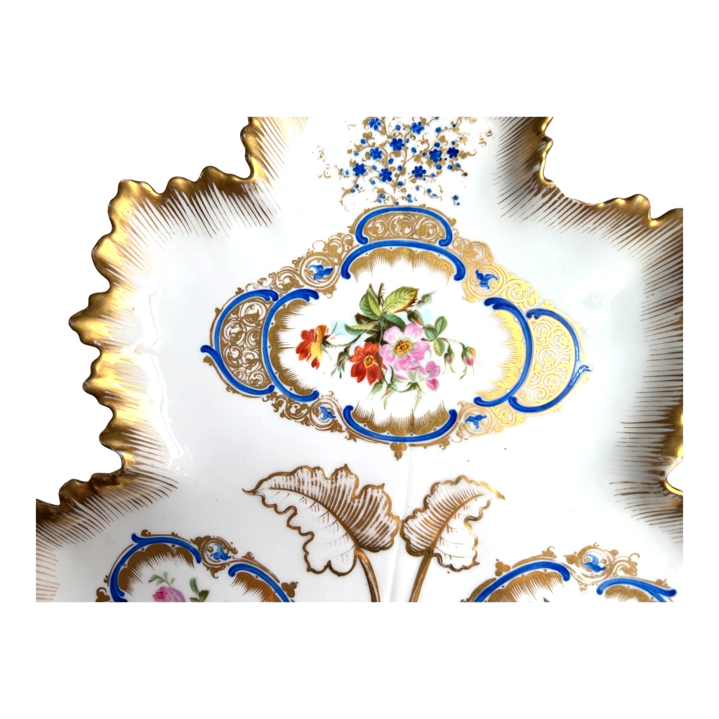 Antique Old Paris Porcelain Leaf Form Serving Dish - Floral Gold Gilt, 16"