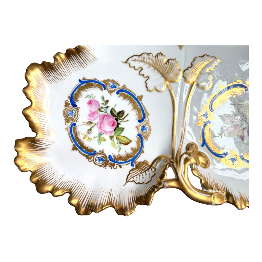 Antique Old Paris Porcelain Leaf Form Serving Dish - Floral Gold Gilt, 16"