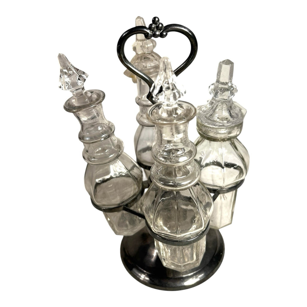 Antique Victorian Glass Cruet Set 4 Bottles Metal Stand - Original Stoppers