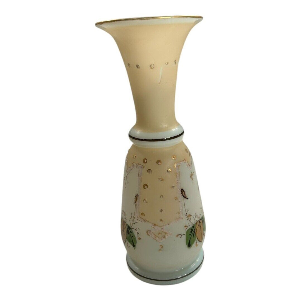 Antique Victorian Cream Opaline Floral Handblown Painted Glass Vase