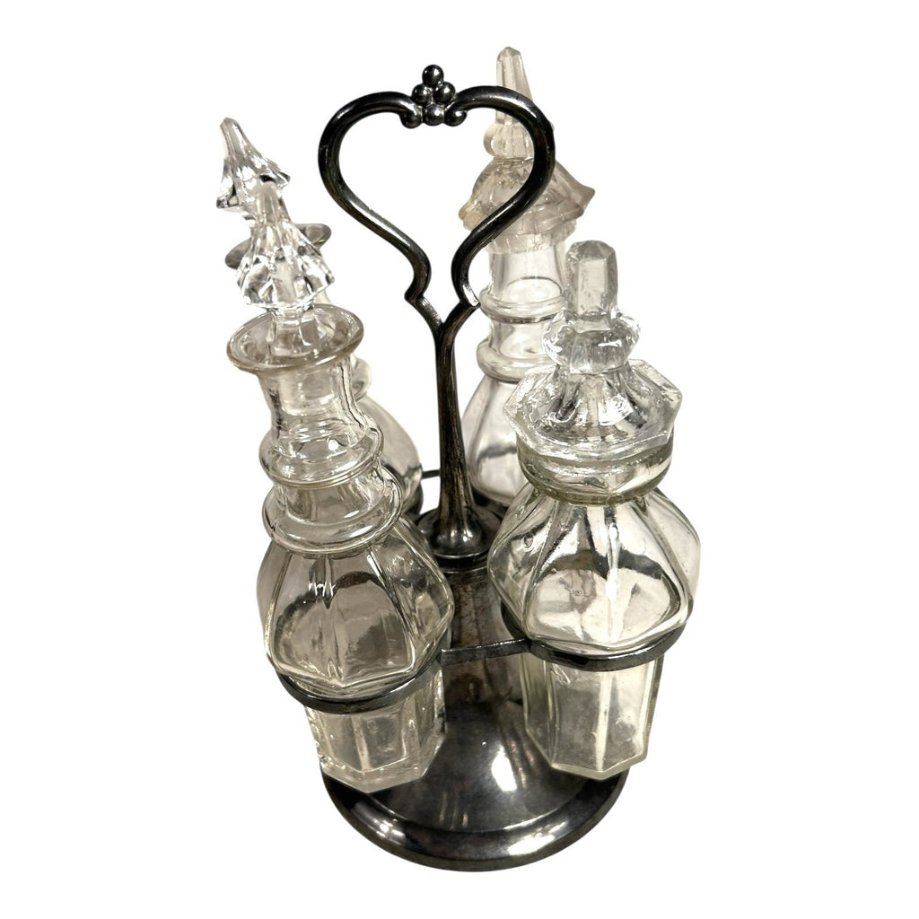 Antique Victorian Glass Cruet Set 4 Bottles Metal Stand - Original Stoppers