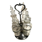 Antique Victorian Glass Cruet Set 4 Bottles Metal Stand - Original Stoppers