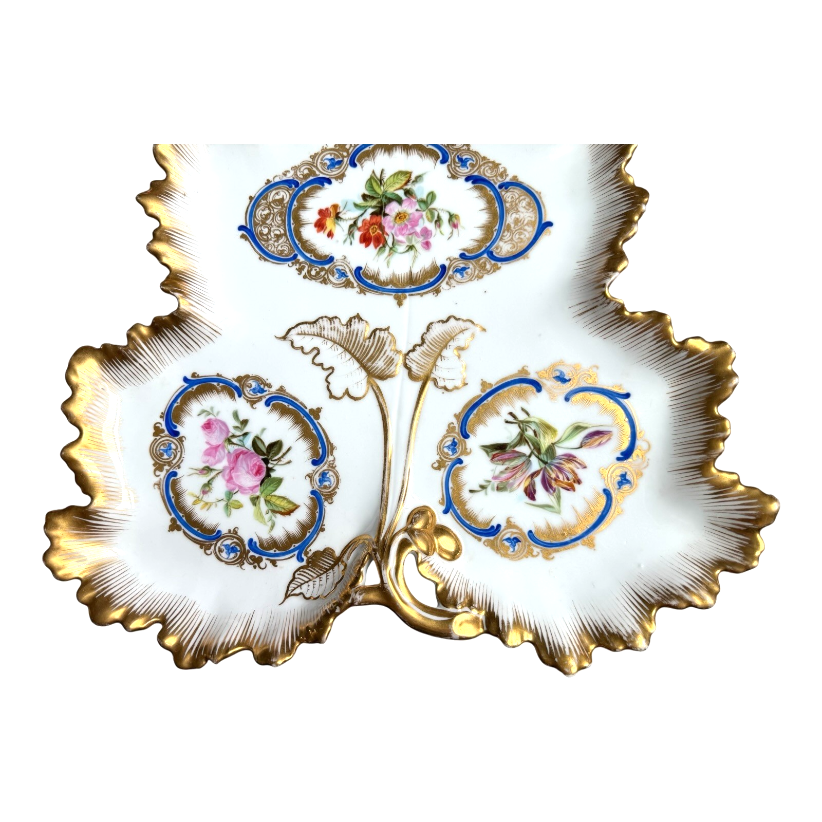 Antique Old Paris Porcelain Leaf Form Serving Dish - Floral Gold Gilt, 16"
