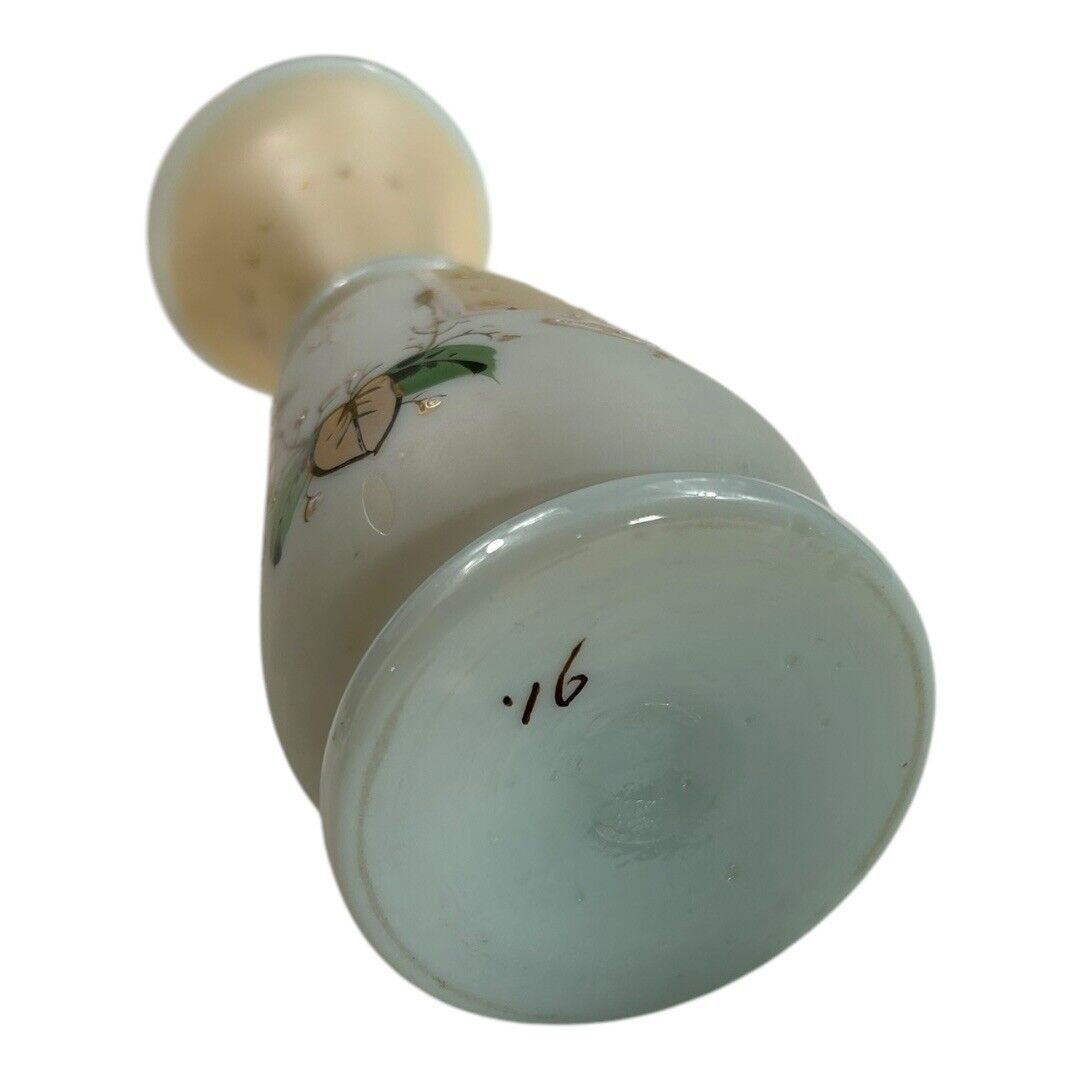 Antique Victorian Cream Opaline Floral Handblown Painted Glass Vase