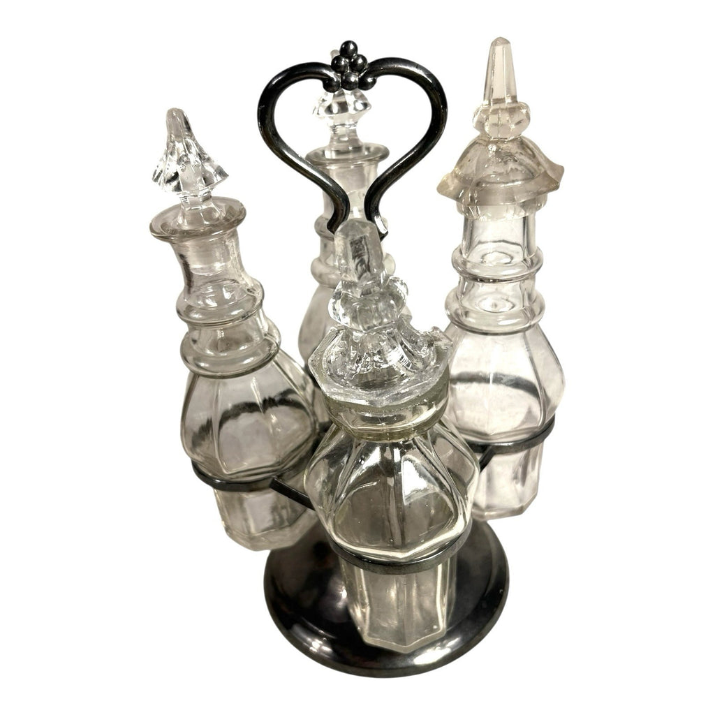 Antique Victorian Glass Cruet Set 4 Bottles Metal Stand - Original Stoppers