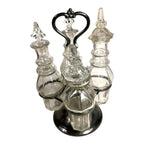 Antique Victorian Glass Cruet Set 4 Bottles Metal Stand - Original Stoppers