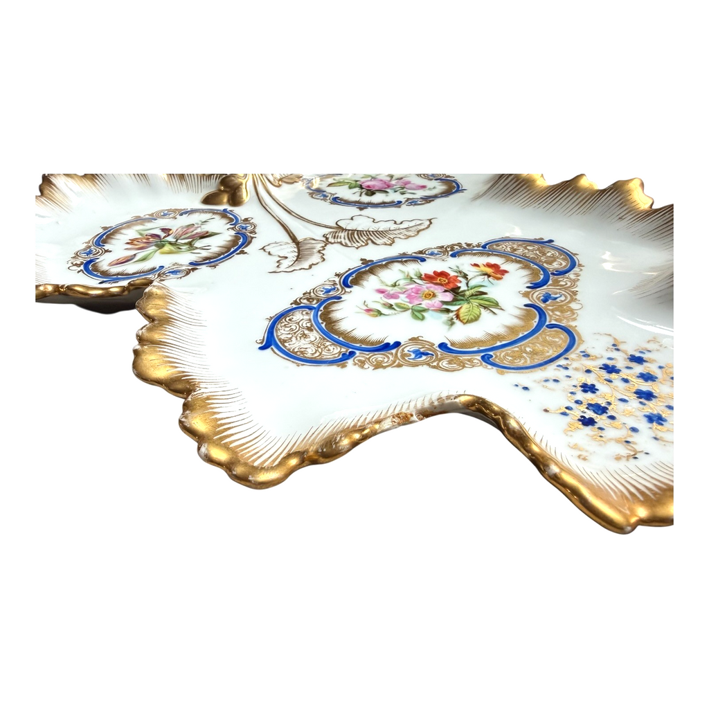 Antique Old Paris Porcelain Leaf Form Serving Dish - Floral Gold Gilt, 16"