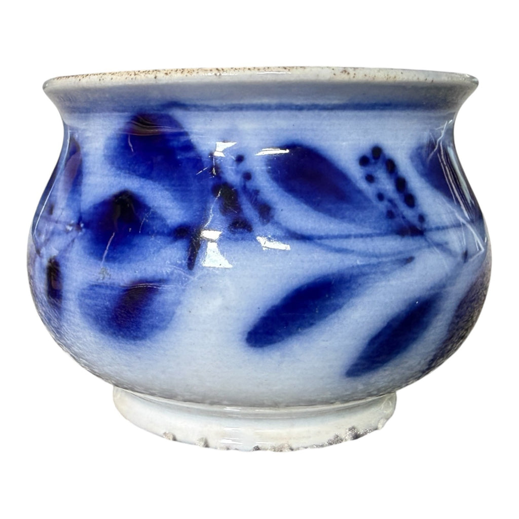 Antique Flow Blue Pottery Hand Painted Floral Jardiniere Cache Pot Bowl