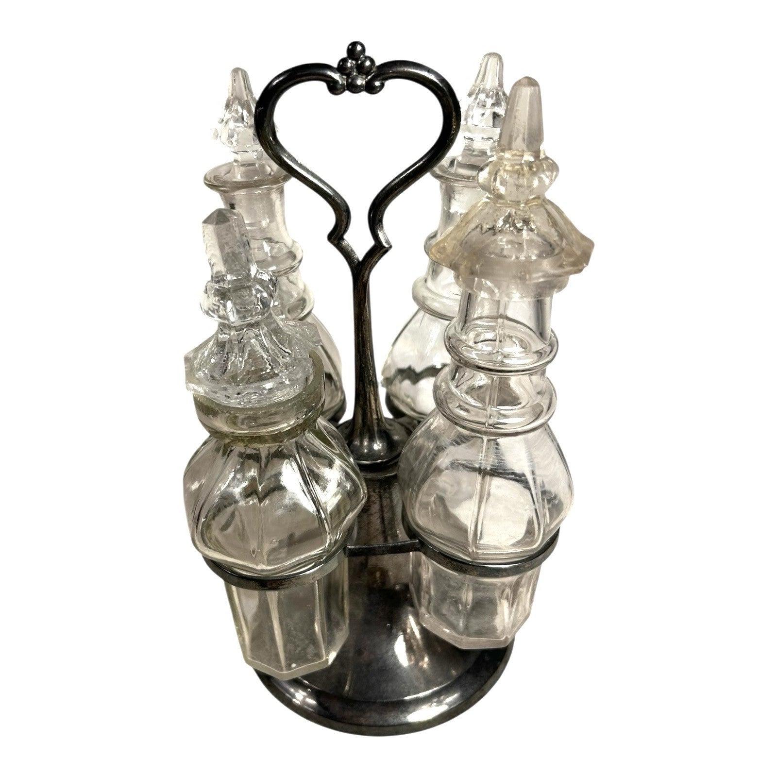 Antique Victorian Glass Cruet Set 4 Bottles Metal Stand - Original Stoppers