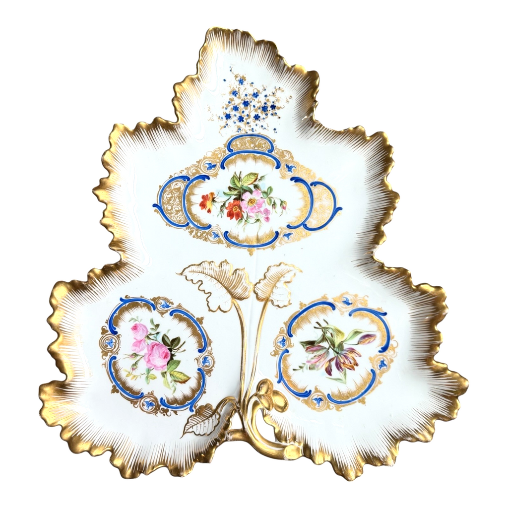 Antique Old Paris Porcelain Leaf Form Serving Dish - Floral Gold Gilt, 16"