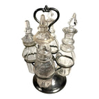 Antique Victorian Glass Cruet Set 4 Bottles Metal Stand - Original Stoppers